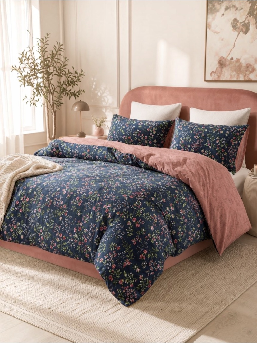 NEW Anthropologie Blue Floral Cotton Queen / King Size Bedding Duvet & Sham Set